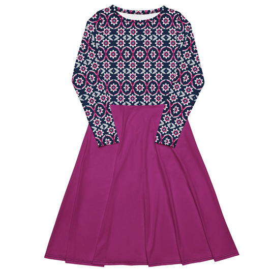 Hot pink top pattern long sleeve midi dress